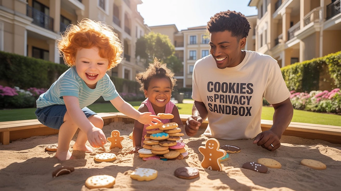 Children and a man in a "Cookies vs Privacy Sandbox" shirt playing with cookies in a sandbox, illustrating the shift from third-party cookies to privacy-first tracking