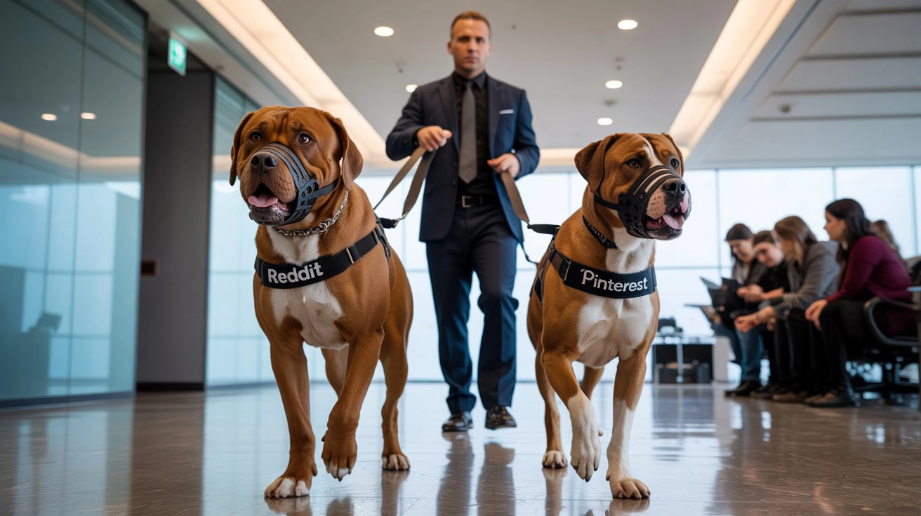 A handler walking two large dogs labeled Reddit and Pinterest into a corporate office, illustrating the article's premise that these platforms have matured enough to be taken seriously as performance advertising channels alongside Google and Meta