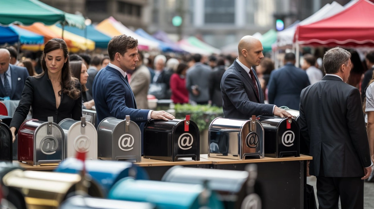 Business people checking email mailboxes with at signs at a busy outdoor market representing the competition for attention in combined email and PPC marketing channels