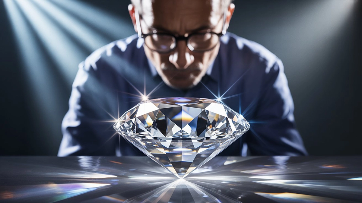 A man in glasses studying a large brilliant diamond up close under dramatic spotlights, representing the article's core premise that Microsoft Clarity lets PPC specialists examine post-click user behavior with the same precision a gemologist inspects a stone - finding the flaws GA4 numbers alone cannot reveal