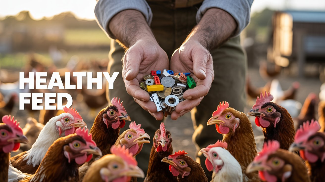Farmer feeding chickens with junk parts instead of food as a metaphor for low-quality PPC product feed data
