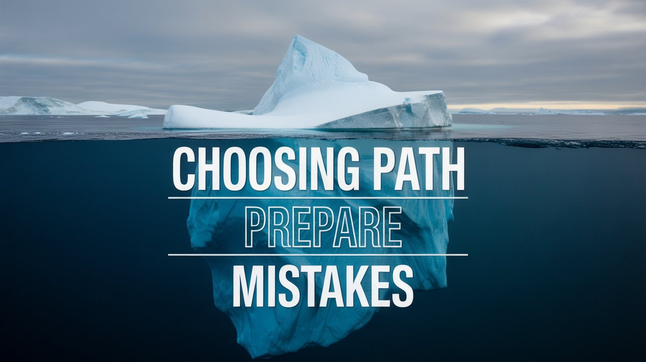 An iceberg split above and below water with the words Choosing Path, Prepare, and Mistakes overlaid, representing the article's core theme that most ad spend decisions are made on surface-level metrics while the real drivers of incrementality - what ads actually add versus what would happen anyway - remain hidden below