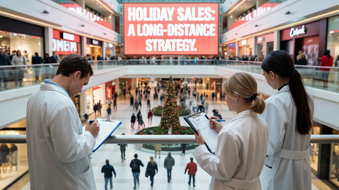 Three researchers with clipboards studying holiday shoppers in a busy mall beneath a sign reading Holiday Sales: A Long-Distance Strategy, illustrating the article's core argument that Black Friday success requires a planned multi-week approach rather than a single-day push