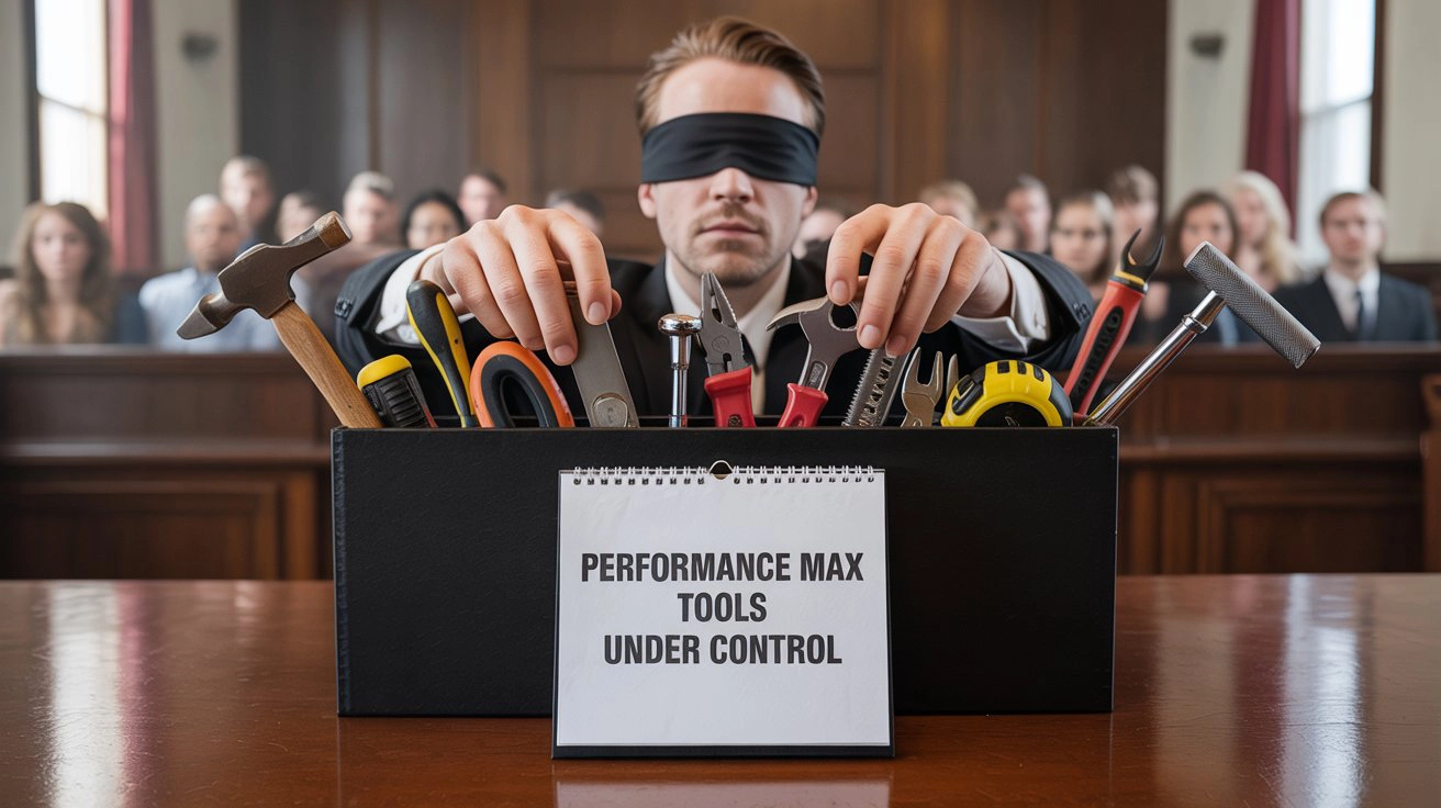 Blindfolded man in a suit grabbing tools from a box labeled "Performance Max Tools Under Control" in a courtroom setting