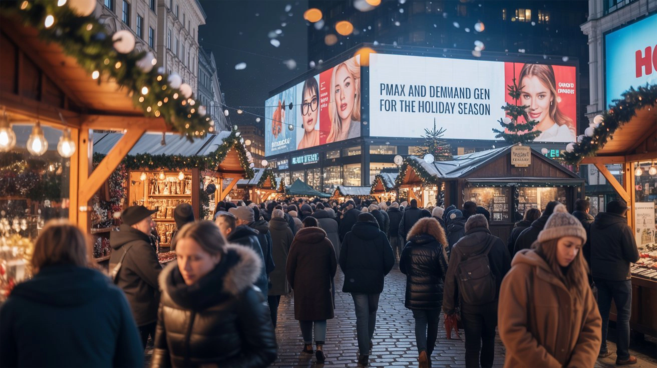 A crowded holiday market at night with a billboard reading PMax and Demand Gen for the Holiday Season, framing the article's premise that peak-season success requires structured campaign inputs rather than simply pushing harder when CPMs spike and competition intensifies
