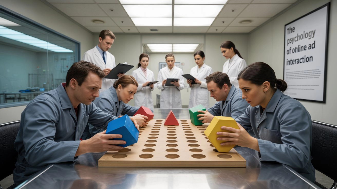 Scientists in a lab observing people sorting colored shapes on a board, illustrating research into the psychology of online ad interaction
