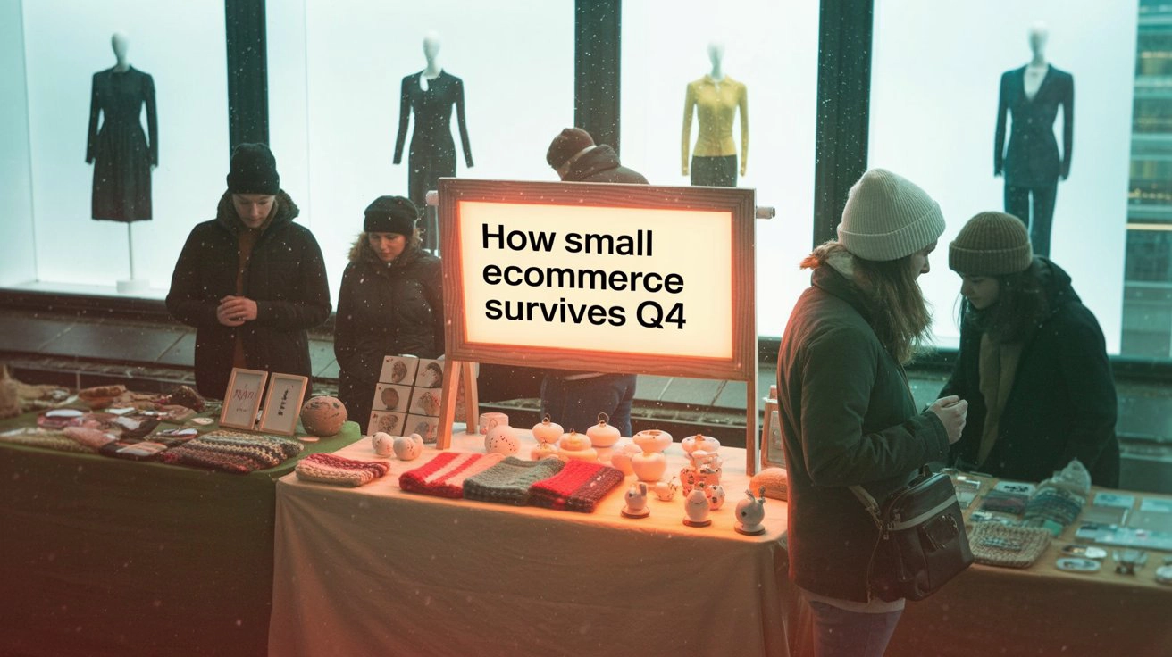 Winter market shoppers browsing handmade goods at outdoor stalls in front of a lit sign reading How small ecommerce survives Q4, framing the article as a practical guide for small online shops navigating rising CPC and CPA during the holiday season