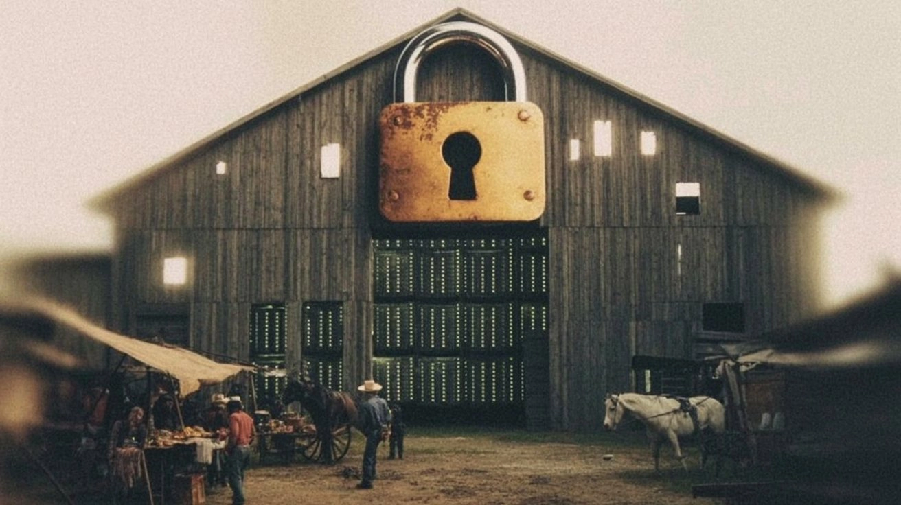 A rustic barn with glowing data streams inside sealed by a giant padlock, representing the privacy-first reality where third-party tracking restrictions and iOS consent limits lock marketers out of granular conversion data