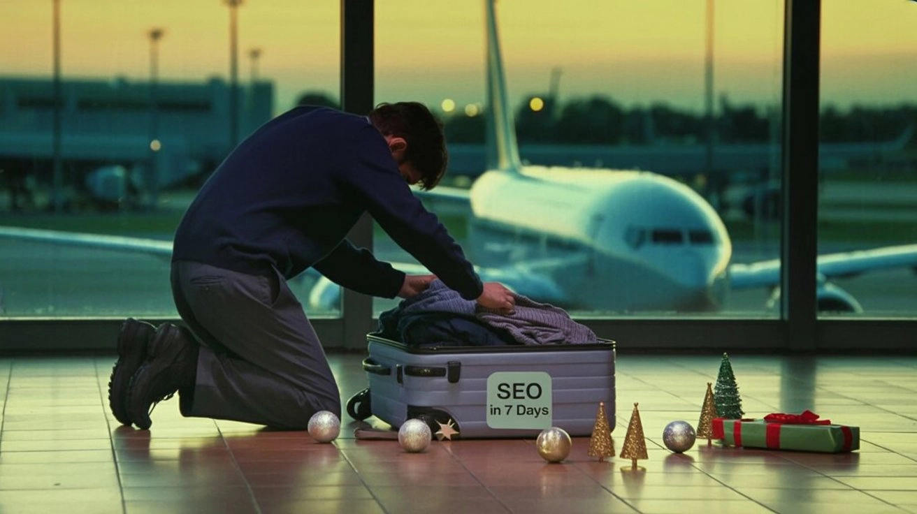 A person urgently packing a suitcase labeled SEO in 7 Days on an airport floor surrounded by holiday decorations with a plane visible outside, representing the article's post-Q4 sprint framework for ecommerce stores that need to rebuild organic foundations quickly before Q1 demand drops off