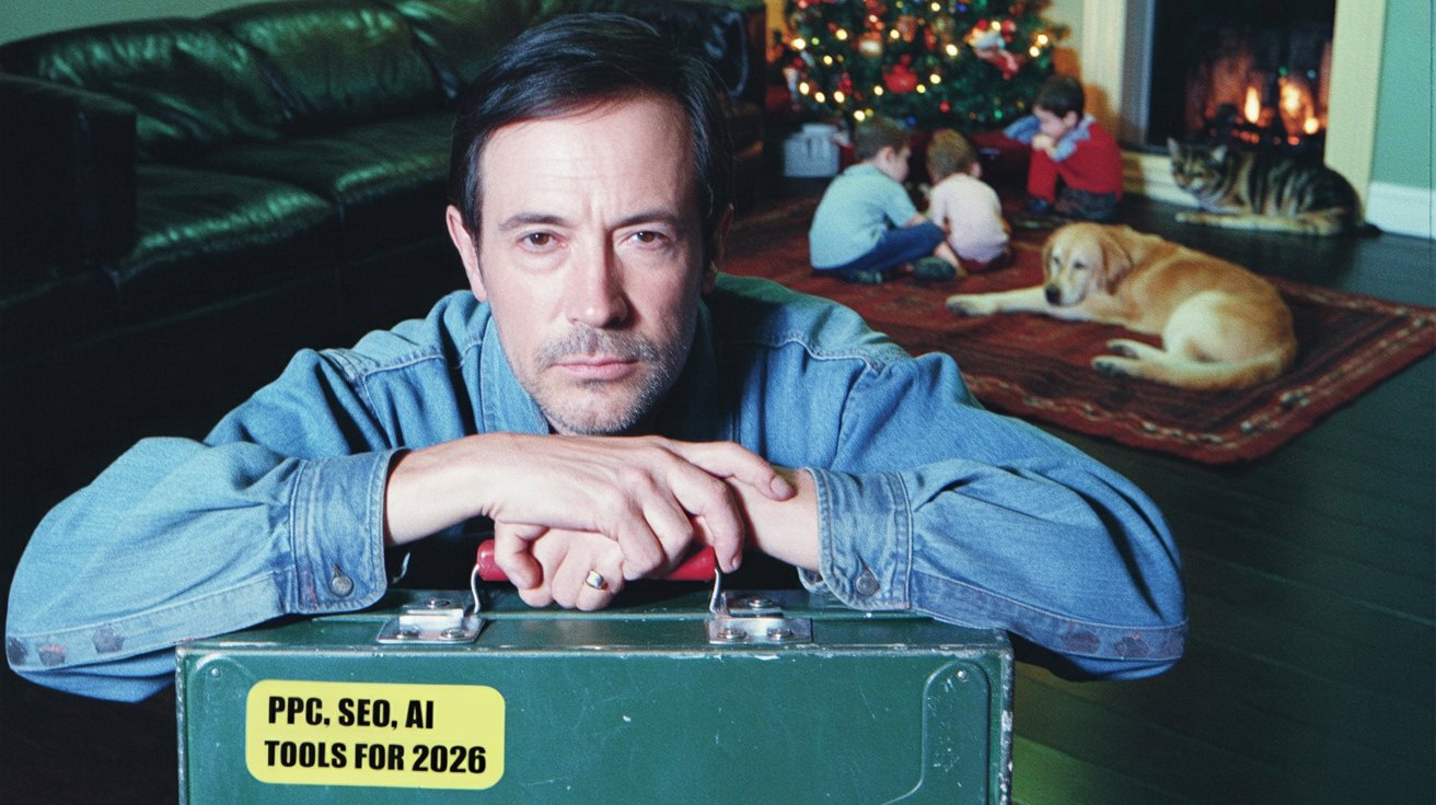 Man resting his chin on a toolbox labeled PPC SEO AI Tools for 2026, representing the practical and no-nonsense approach to building a ecommerce marketing stack this year