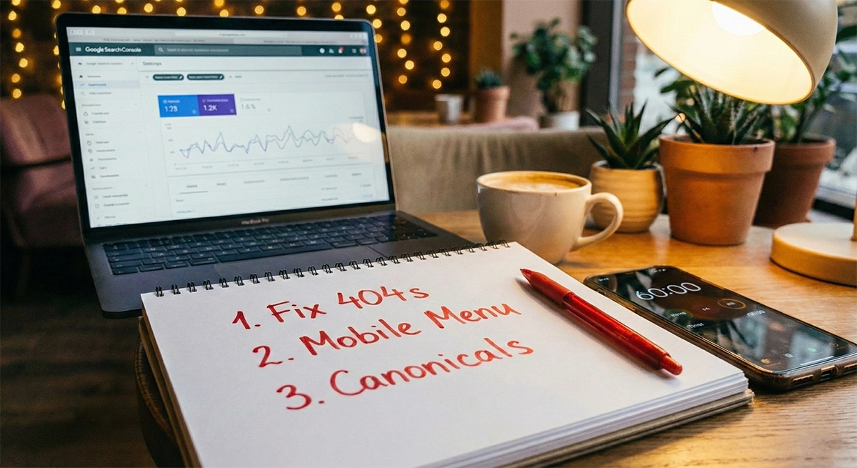A notebook with an SEO fix list next to a laptop showing Google Search Console and a phone timer set to 60 minutes representing a focused express SEO audit completed in one hour