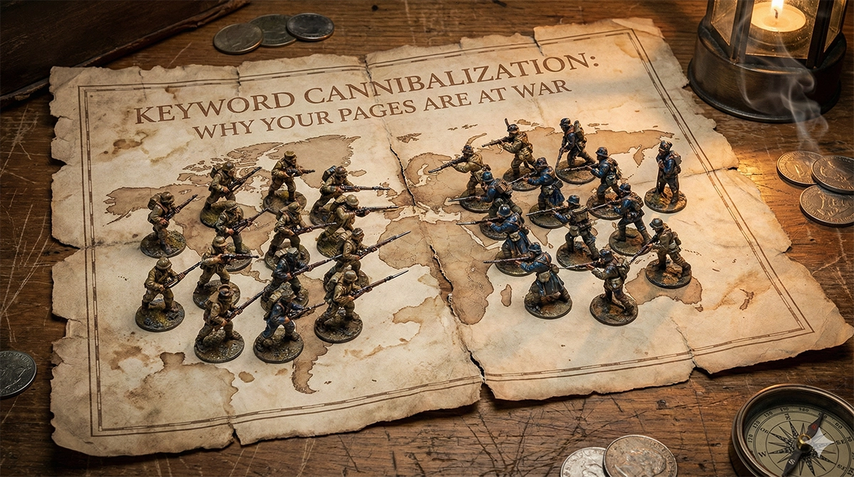 Two armies of painted miniature soldiers facing off on an aged map labeled Keyword Cannibalization - Why Your Pages Are at War, visualizing the article's core concept that multiple ecommerce pages competing for the same search query weaken each other instead of defeating competitors