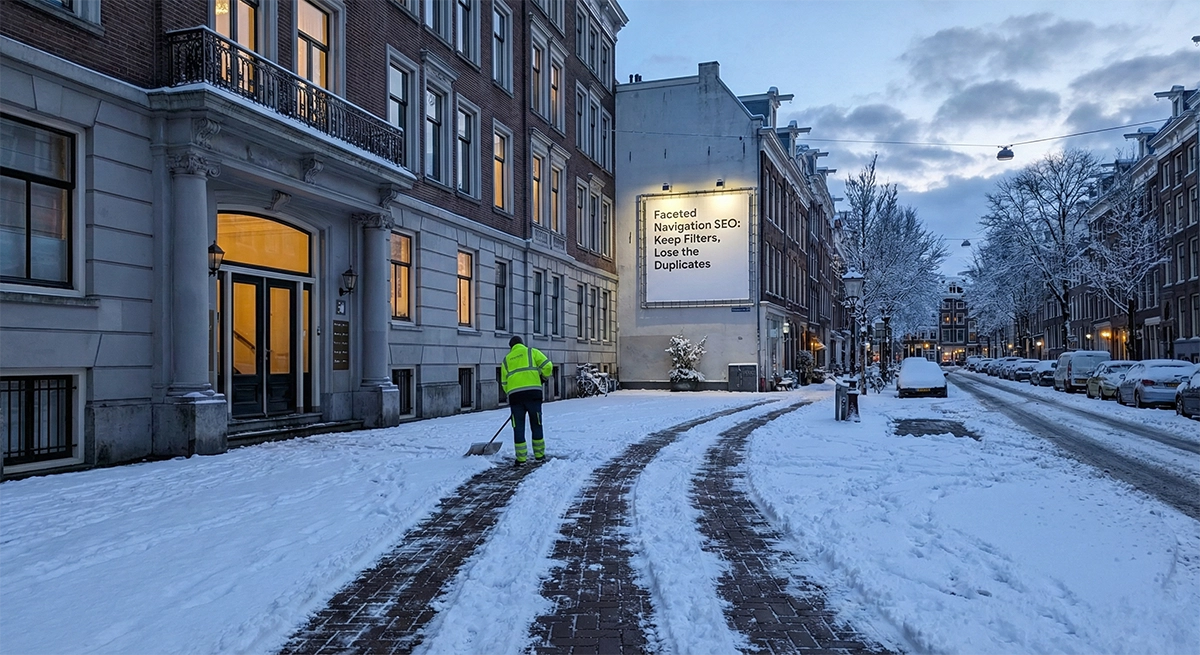 A worker clearing a snow path on an Amsterdam street with a billboard reading Faceted Navigation SEO Keep Filters Lose the Duplicates representing the work of cleaning up duplicate filter URLs for SEO
