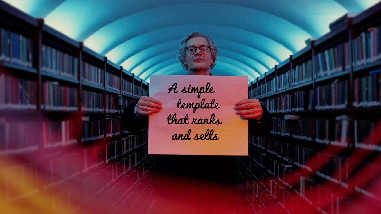 A man in a library holding a sign that reads A Simple Template That Ranks and Sells representing a structured SEO approach to ecommerce category pages