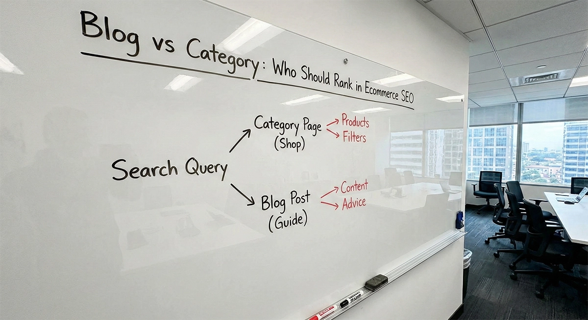 Whiteboard showing a diagram of search query split between category page with products and blog post with content advice for ecommerce SEO