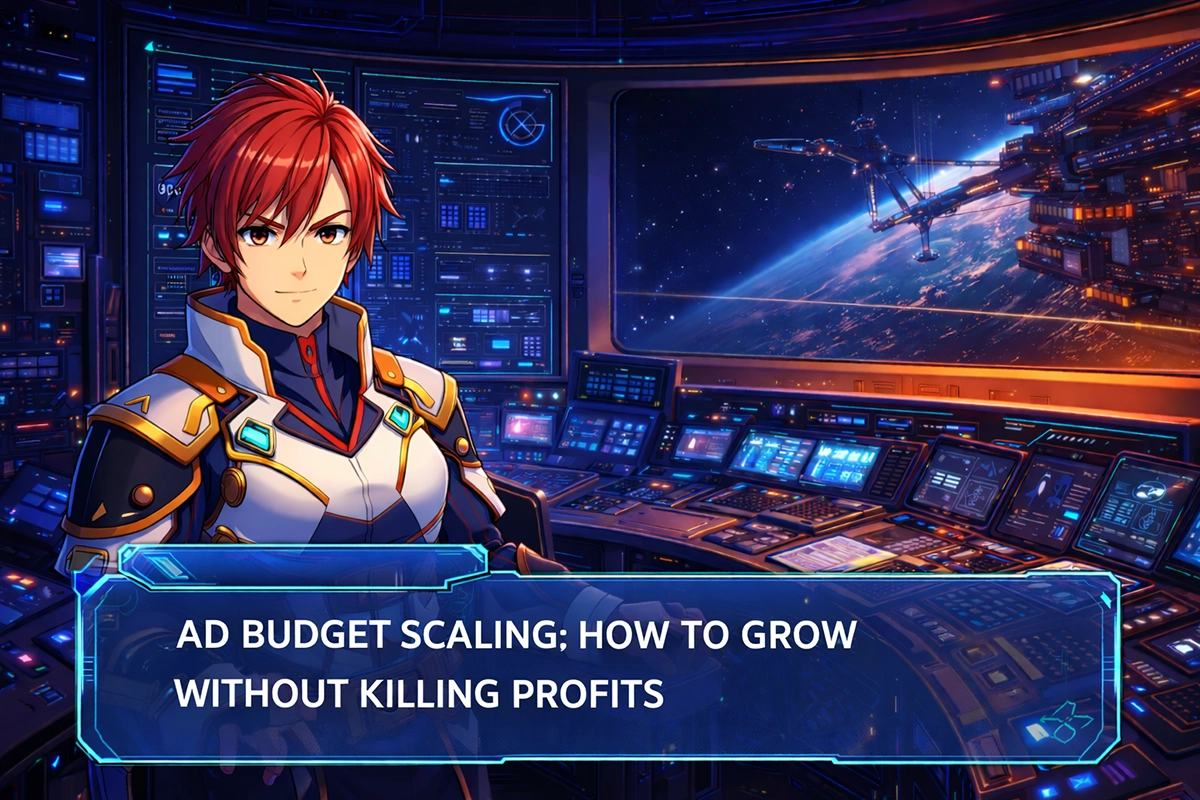 Anime-style character in a space command center with the title Ad Budget Scaling How to Grow Without Killing Profits representing strategic control over PPC budget scaling