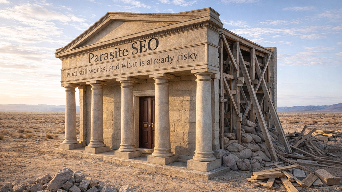 A classical stone building labeled Parasite SEO - what still works and what is already risky stands half-collapsed in a desert, illustrating the article's argument that site reputation abuse was once a stable structure but Google's 2024-2026 enforcement has left it visibly crumbling