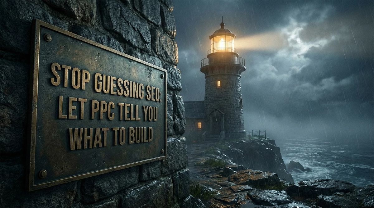 A stormy coastal scene with a lit lighthouse and a bronze plaque reading Stop Guessing SEO: Let PPC Tell You What to Build, framing the article's argument that paid search data is the navigation tool that guides ecommerce SEO prioritization away from guesswork toward proven demand