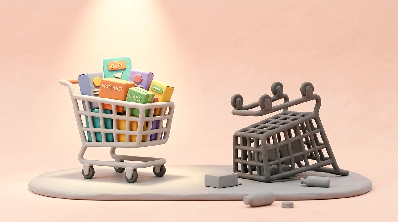 3D illustration of a full shopping cart beside a collapsed empty cart, representing the PMax budget concentration problem where a handful of proven SKUs absorb all spend while the rest of the catalog receives nothing