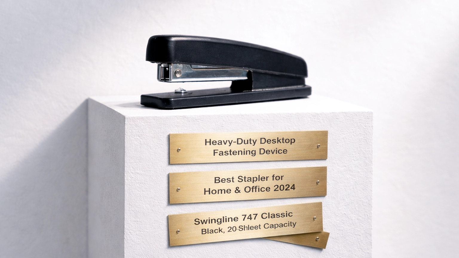 A stapler on a pedestal with three different name plates reading Heavy-Duty Desktop Fastening Device, Best Stapler for Home and Office 2024, and Swingline 747 Classic, showing how one product gets described differently across feed, PPC, and SEO