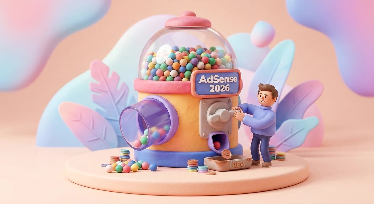 A frustrated publisher turns a gumball machine labeled AdSense 2026 that pays out almost nothing as a metaphor for collapsing AdSense revenue in 2026