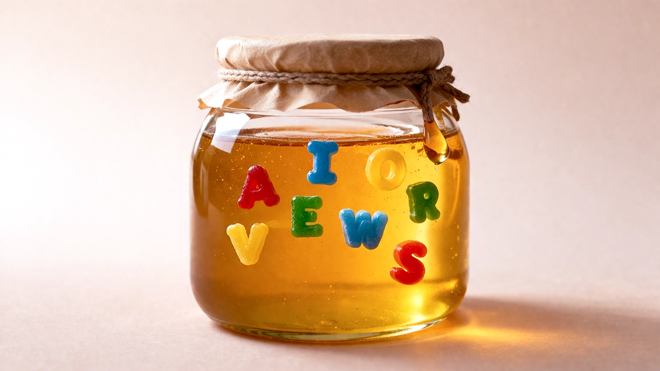 A honey jar with colorful gummy letters spelling AI Overviews floating inside, illustrating how Google has embedded ads into AI-generated answers in a way that looks organic but is still a commercial placement