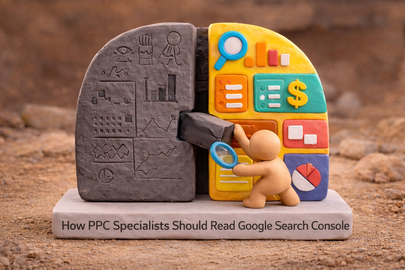 A clay figure with a magnifying glass examining colorful Search Console data panels next to a stone tablet carved with PPC charts, illustrating the article's premise that PPC specialists overlook Search Console as a source of organic demand intelligence for paid campaigns
