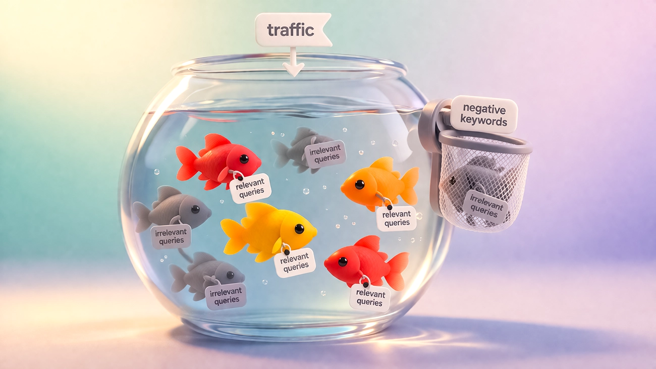 A fishbowl labeled traffic containing colorful fish tagged as relevant queries and grey fish tagged as irrelevant queries, with a net labeled negative keywords catching the irrelevant ones, visualizing how the search terms report separates valuable clicks from wasted budget