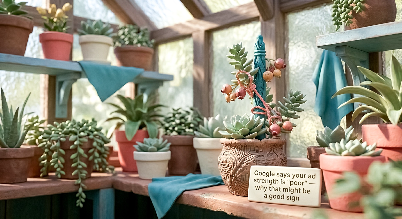 A miniature greenhouse scene with a sign reading "Google says your ad strength is poor - why that might be a good sign," introducing the article's argument that low ad strength in Google Ads often signals deliberate advertiser control, not poor performance