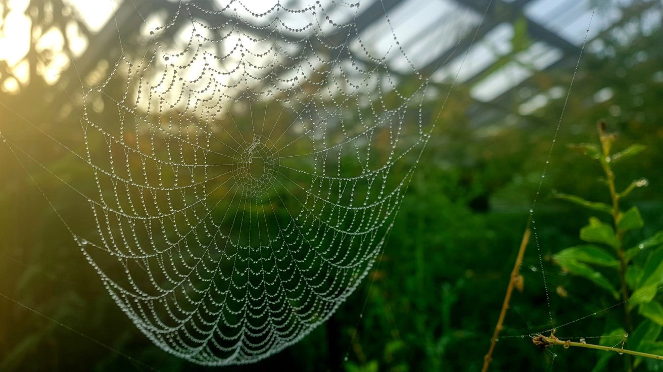 Close-up of a dew-covered spider web at sunrise in a garden, representing the interconnected structure of internal links on an ecommerce website