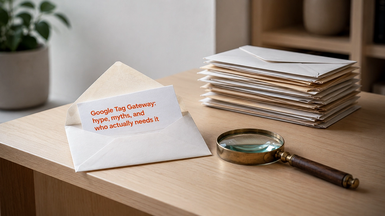 An envelope with a card reading Google Tag Gateway hype myths and who actually needs it next to a magnifying glass and a stack of letters representing the client questions that prompted this practical breakdown of GTG