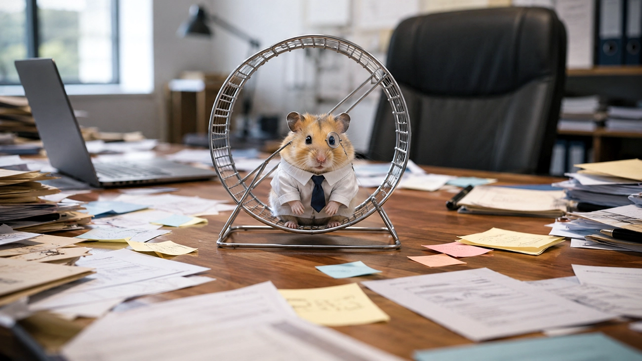 Hamster in a suit running in a wheel on a messy office desk as a metaphor for busy PPC campaigns that generate no real results
