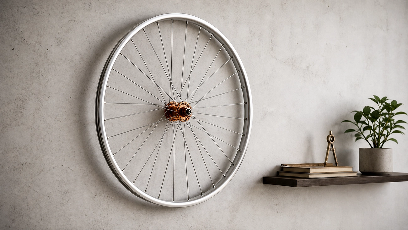 A bicycle wheel hanging on a wall with all spokes connecting to a central hub, visually representing the hub-and-spoke content cluster model where ecommerce category pages should sit at the center supported by blog content