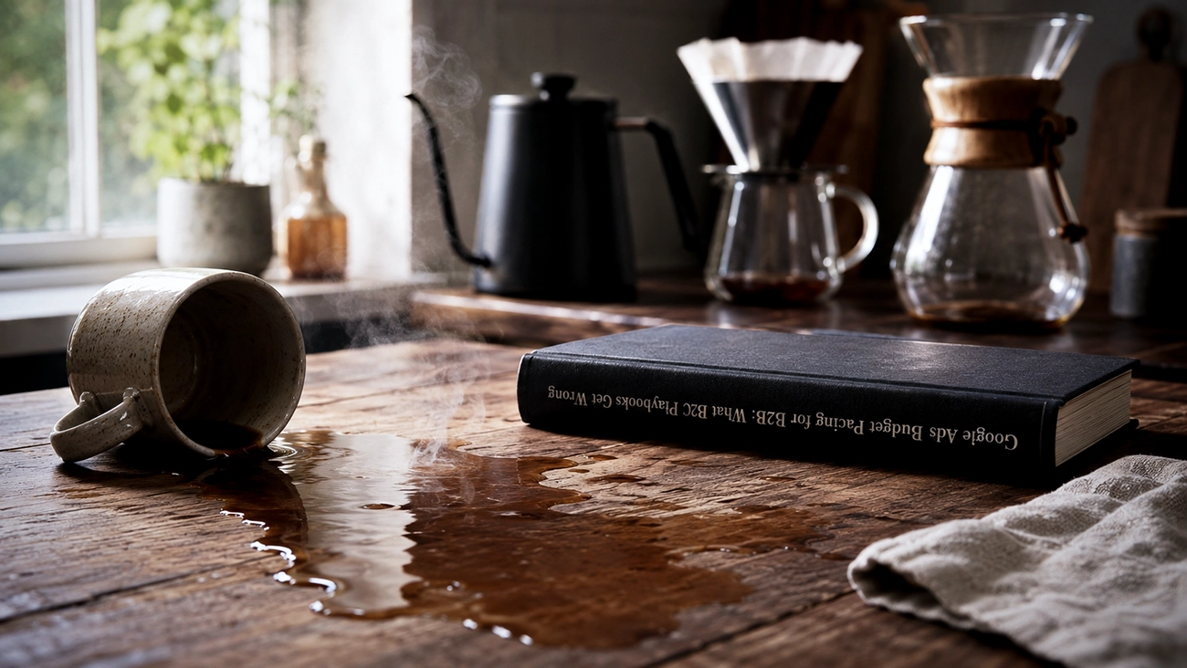 A spilled coffee mug next to a book titled Google Ads Budget Pacing for B2B What B2C Playbooks Get Wrong on a wooden table with pour-over equipment representing the moment a B2C playbook fails in a B2B context