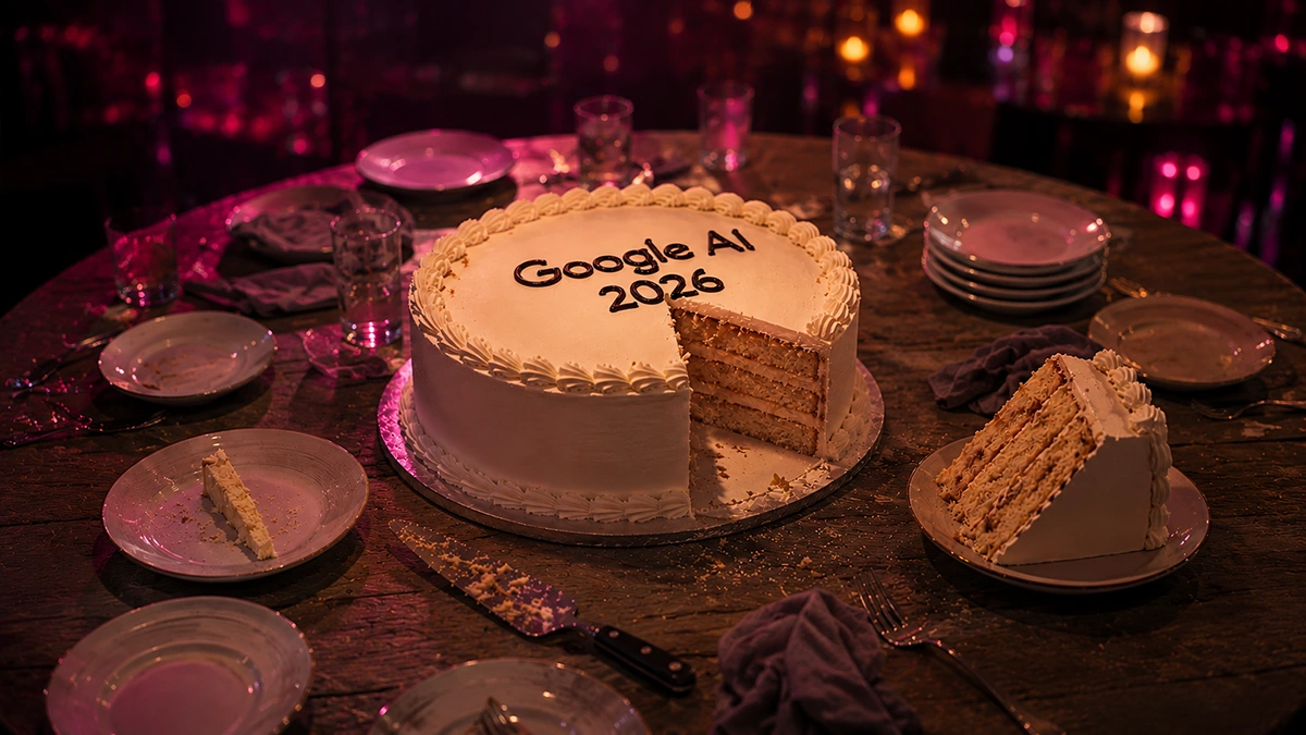 A celebration cake labeled Google AI 2026 with slices already cut representing the GML 2026 announcements being distributed unevenly across different types of advertisers
