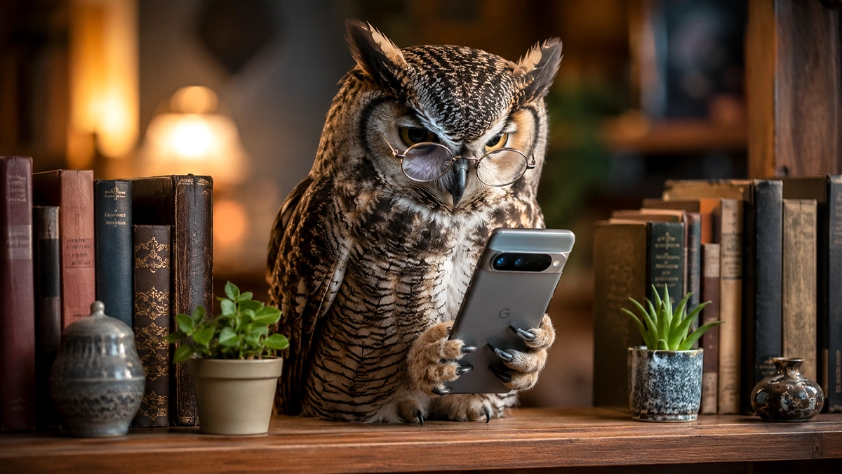 A wise owl wearing glasses holding a Google Pixel phone among books representing how AI search now reads and cites ecommerce catalog pages the way an expert researcher would