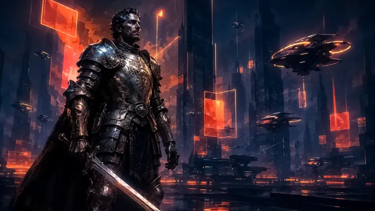 Knight in masterwork armor amid a futuristic battlefield, symbolizing an outdated Meta Ads playbook