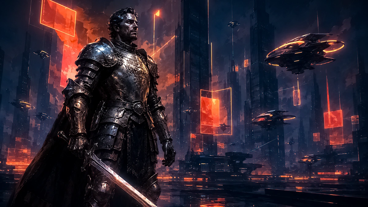 Knight in masterwork armor amid a futuristic battlefield, symbolizing an outdated Meta Ads playbook