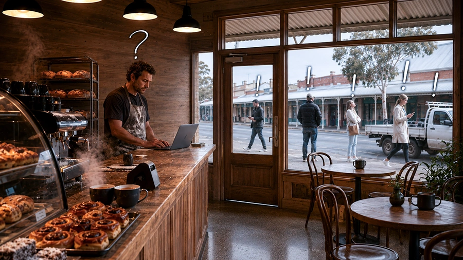 Bakery owner works at a laptop as puzzled passers-by check phones outside the shopfront window