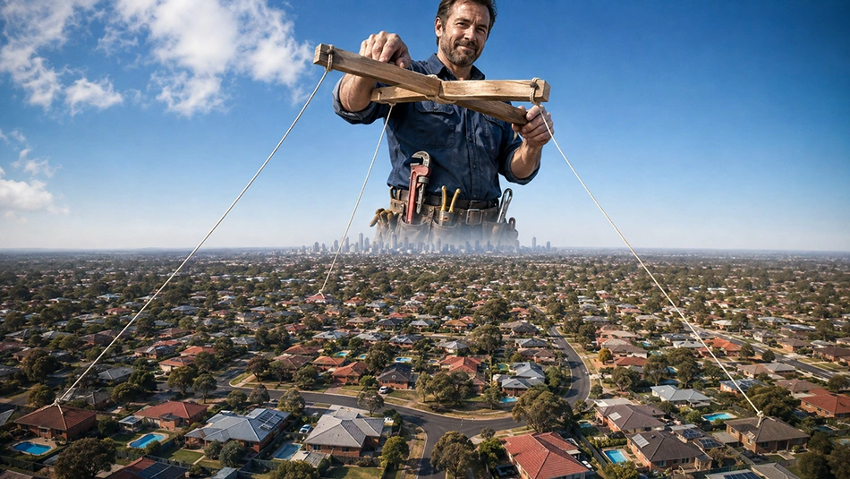 A giant plumber above an Australian suburb steering three taut strings to distant rooftops