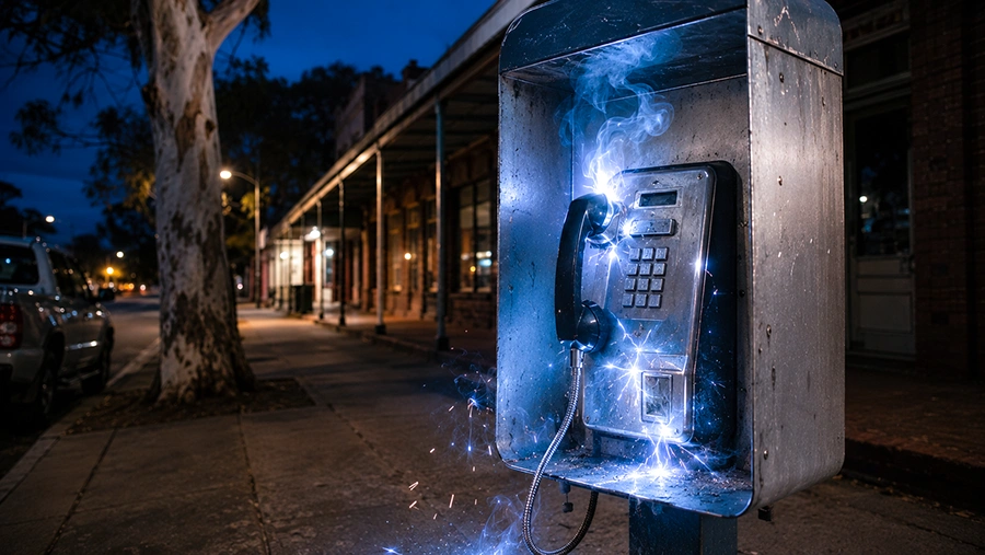 A sparking Australian street payphone at dusk on an empty suburban footpath