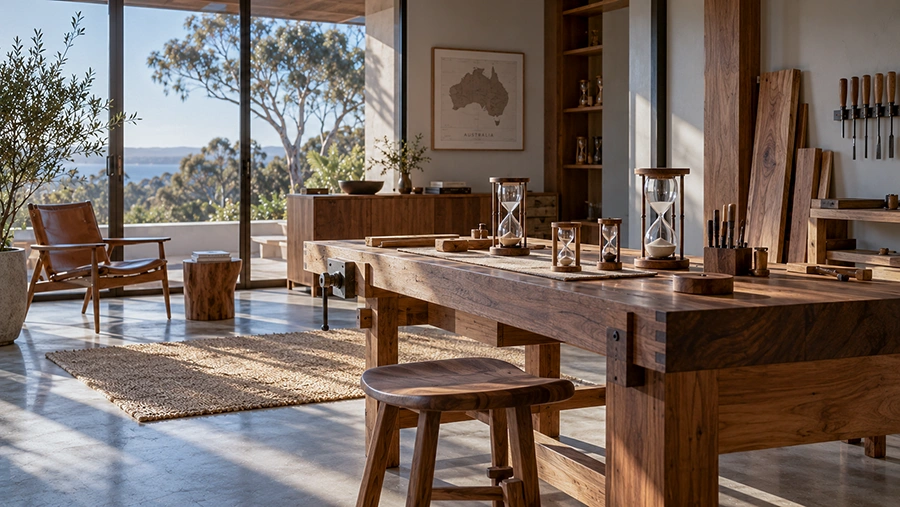 Australian artisan workshop for handmade hourglasses and Japanese-style furniture, illustrating a local business