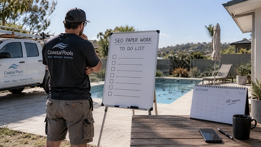 An Australian pool builder reviews an SEO to-do list during the off-season, highlighting the time and planning needed before results arrive